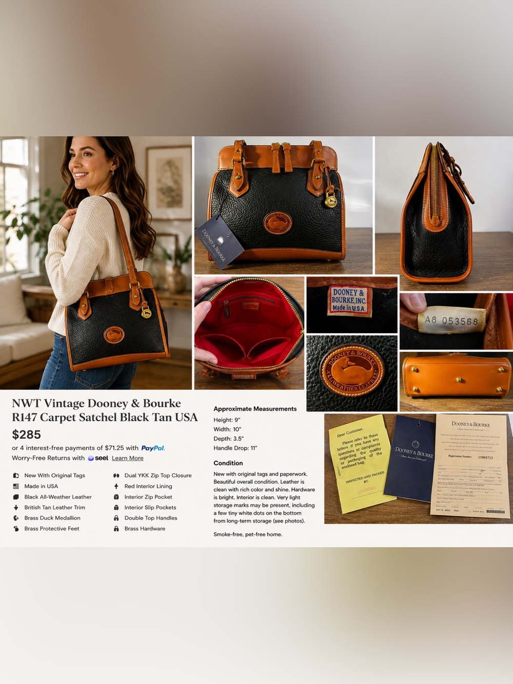 NWT Vintage Dooney & Bourke R147 Carpet Satchel Black Tan USA Rare AWL